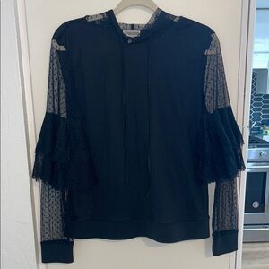 Chelsea28 Elegant Black Sheer Long-sleeve with Dot. Pattern and a hood | L